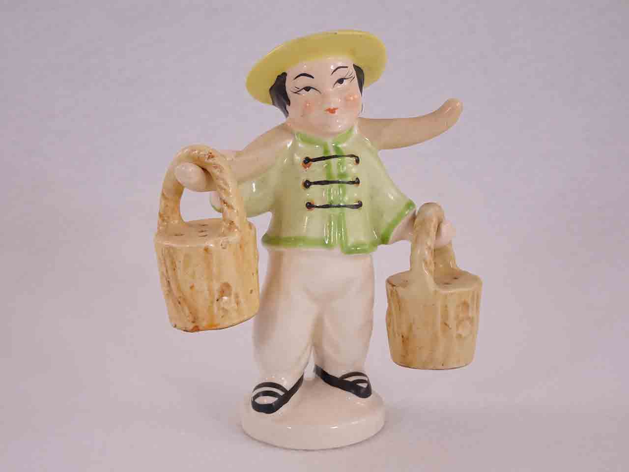 50959 Occupied Japan Japanese Asian boy carrying pails - hanger salt and pepper shakers