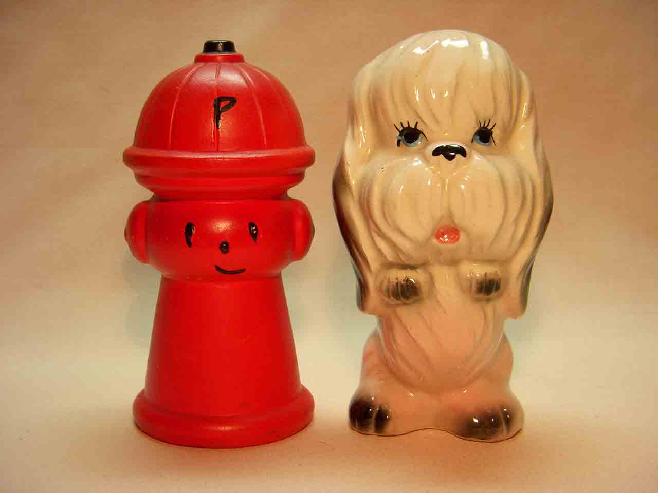 2892 Dog with anthropomorphic fire hydrant salt and pepper shakers - Potty Break series